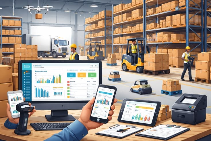 Warehouse staff moving and counting stock between racked shelves