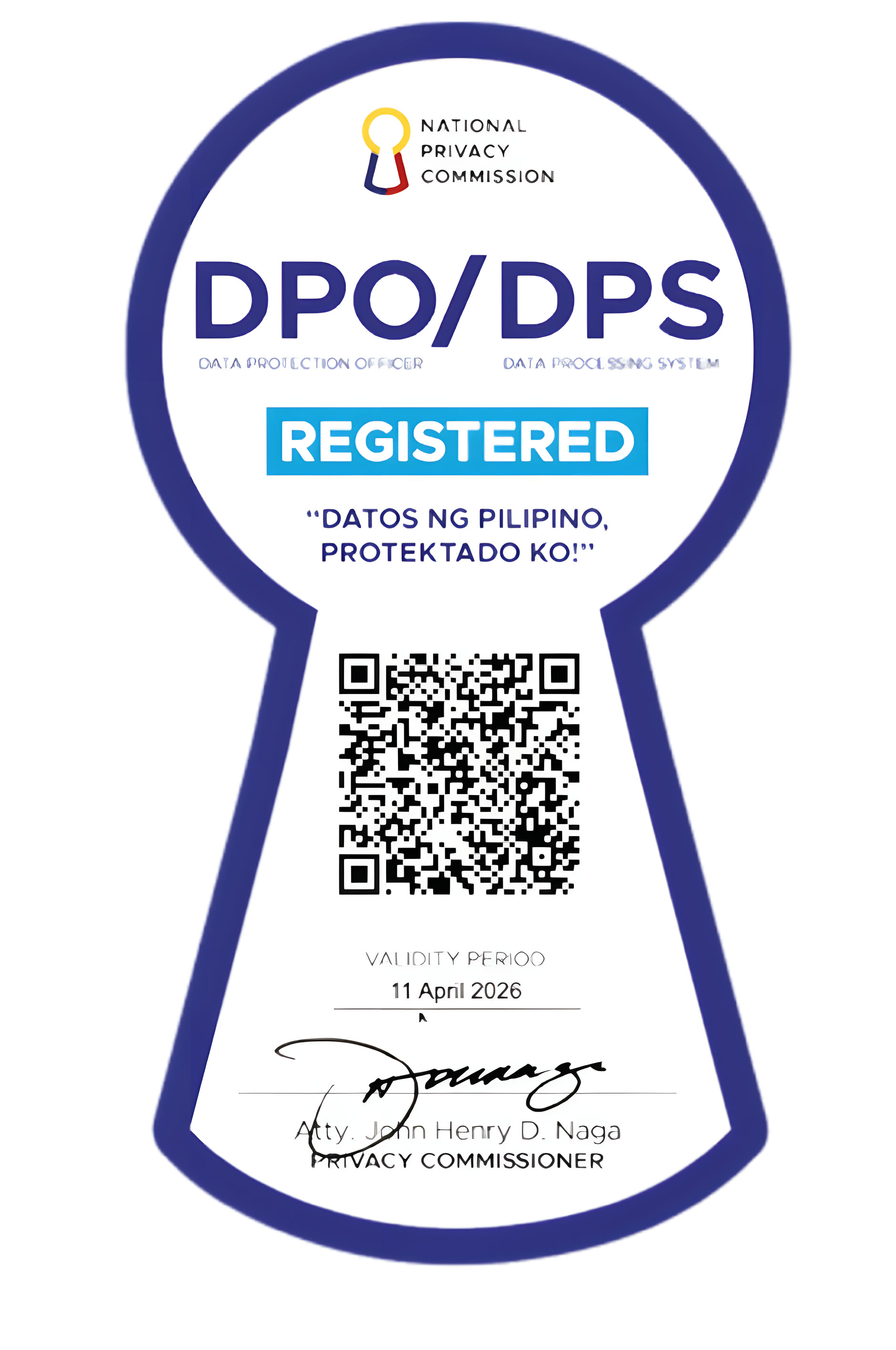 National Privacy Commission DPO/DPS Registered seal — Data Protection Officer and Data Processing System, valid until 11 April 2026