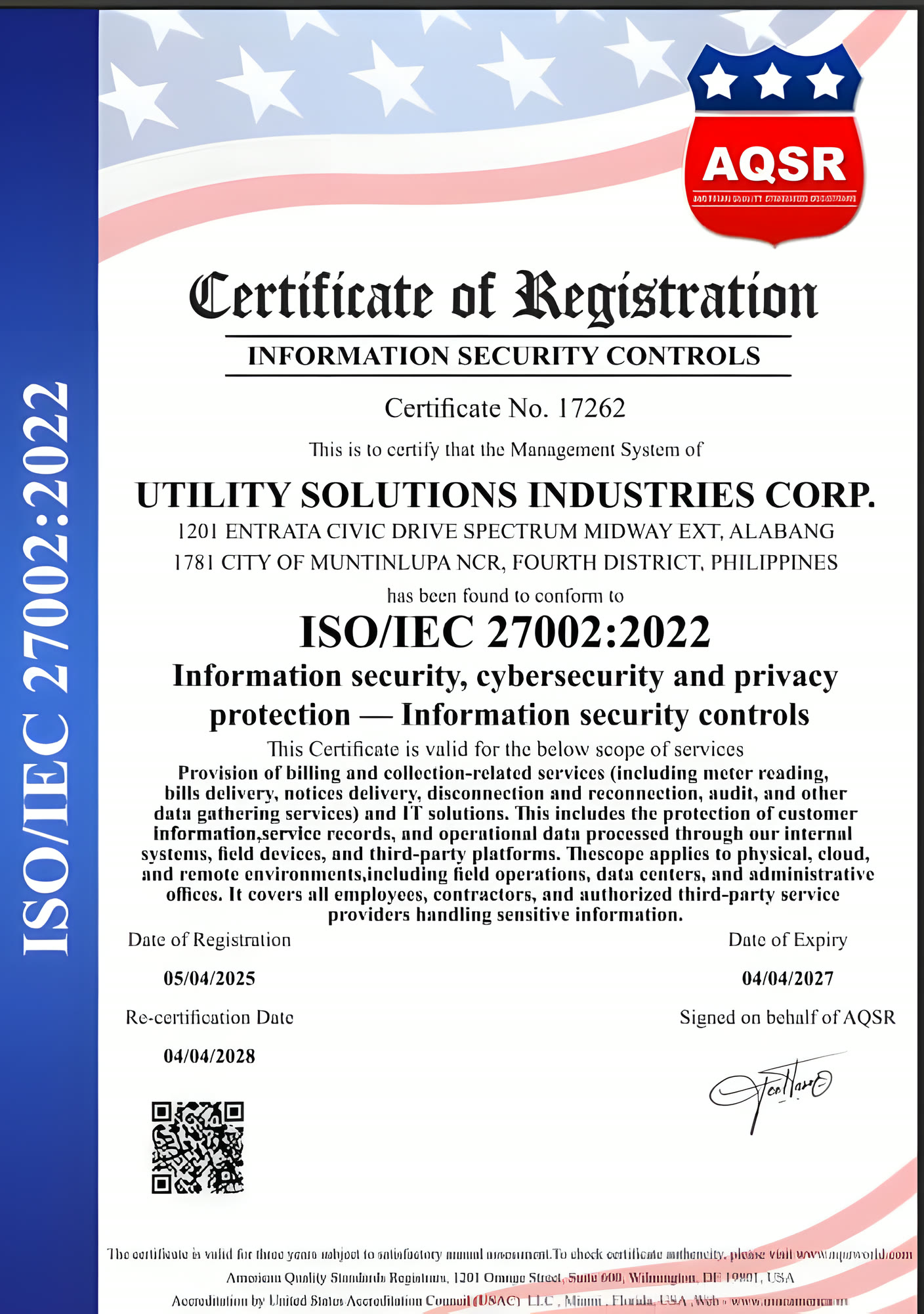 AQSR Certificate of Registration No. 17262 — ISO/IEC 27002:2022 Information Security Controls