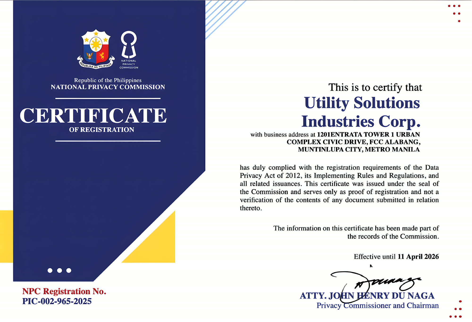 National Privacy Commission Certificate of Registration — Data Privacy Act of 2012